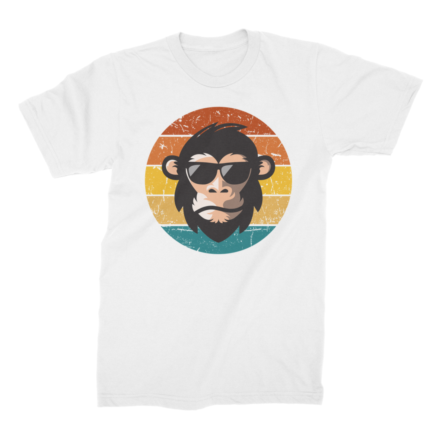 A white short-sleeve crewneck t-shirt featuring a retro-style graphic of a chimpanzee wearing sunglasses, set against a distressed orange, yellow, and teal sunset circle.
