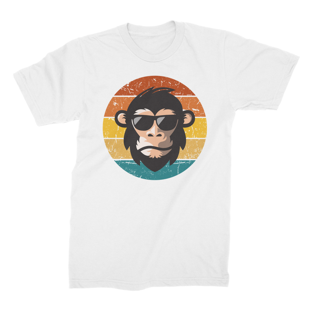 Men’s retro chimp graphic t-shirt in white featuring a sunglasses-wearing chimp with a vintage sunset design