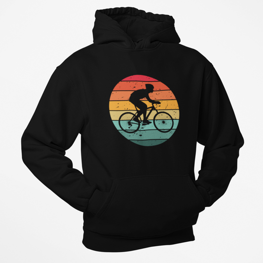 Men's black hoodie with a bicycle and sunset design graphic on a white background