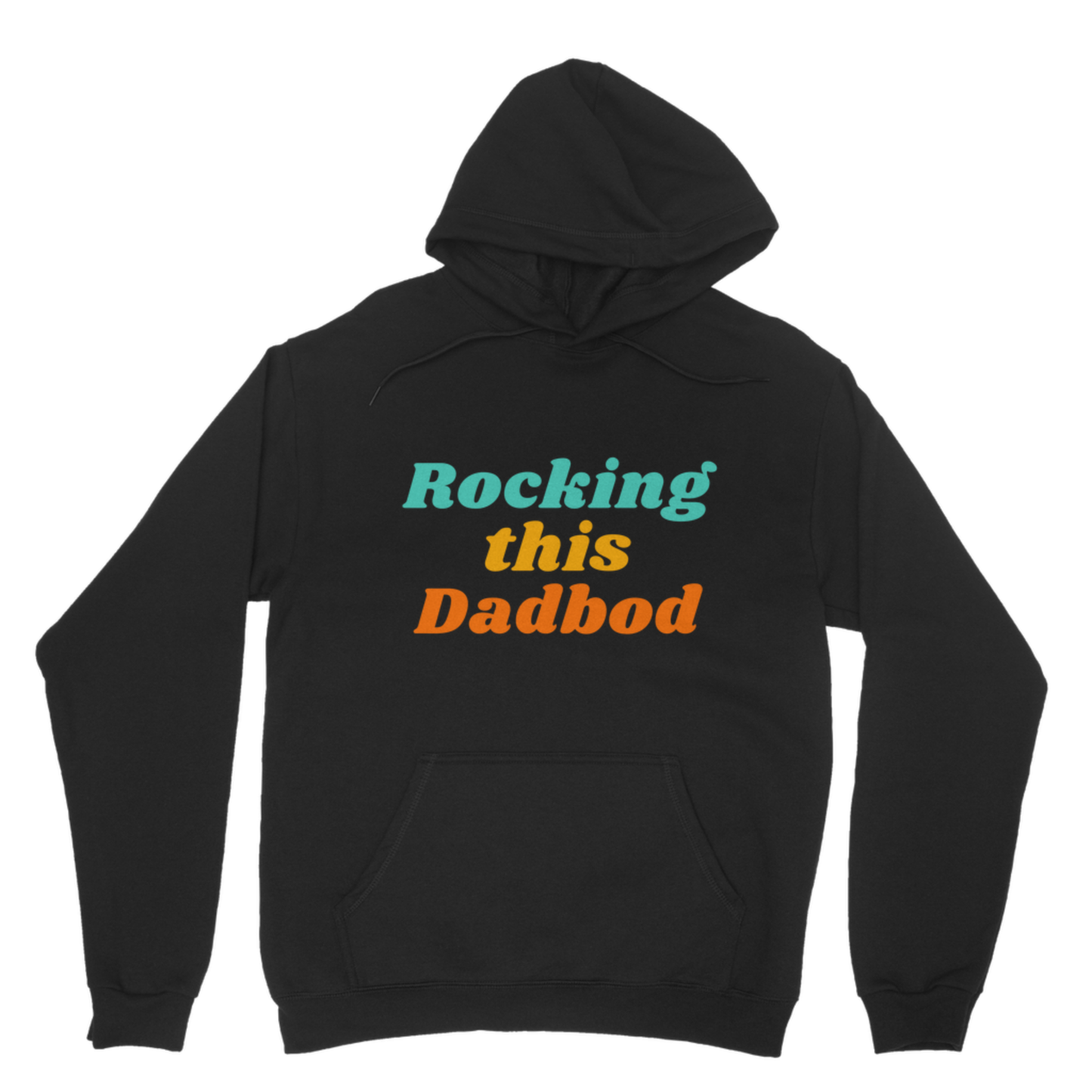 Men’s navy pullover hoodie featuring the colourful retro “Rocking This Dadbod” slogan and front kangaroo pocket.