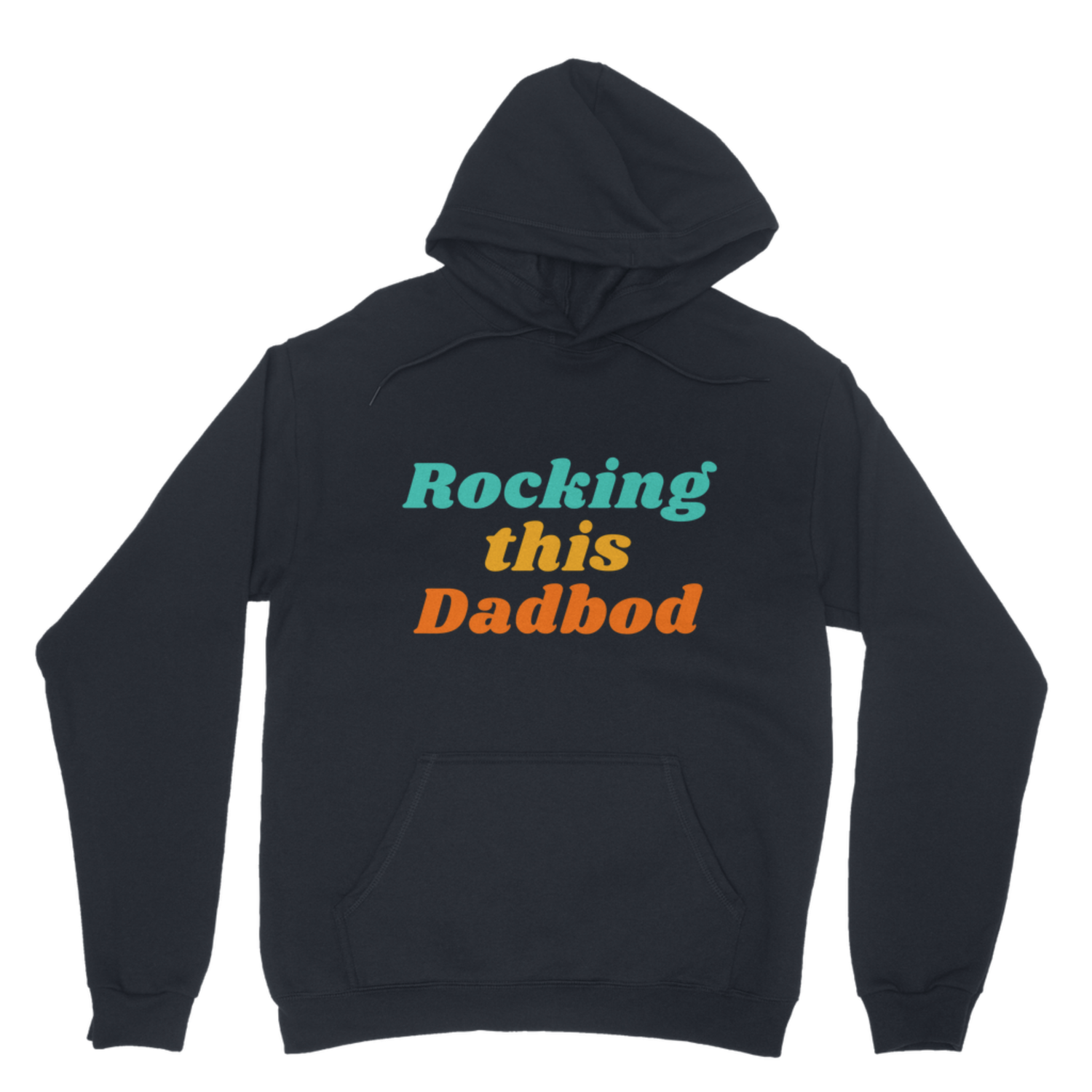 Navy men’s hoodie featuring the colourful retro “Rocking This Dadbod” slogan and front kangaroo pocket.