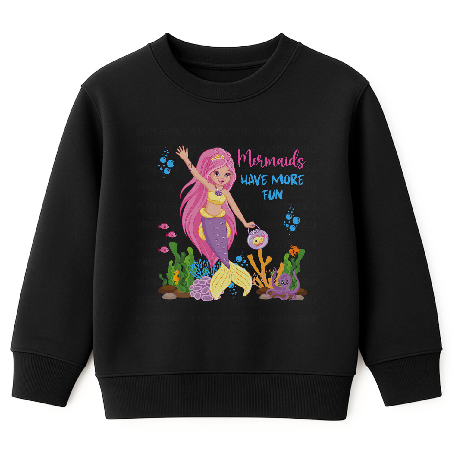 Girls black sweatshirt with “Mermaids Have More Fun” text and colourful mermaid, ocean creatures, and coral reef print on the front.