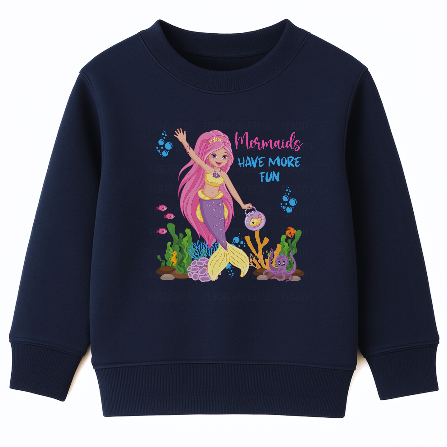 Girls navy sweatshirt with “Mermaids Have More Fun” text and colourful mermaid, ocean creatures, and coral reef print on the front.