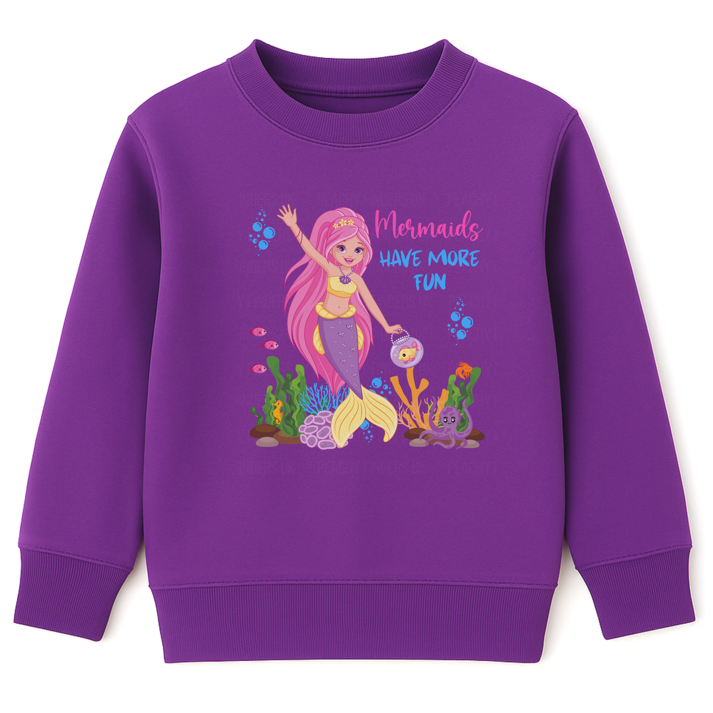 Girls purple sweatshirt with “Mermaids Have More Fun” text and colourful mermaid, ocean creatures, and coral reef print on the front.