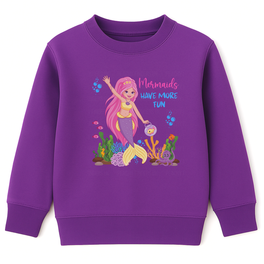 Girls purple sweatshirt with “Mermaids Have More Fun” text and colourful mermaid, ocean creatures, and coral reef print on the front.