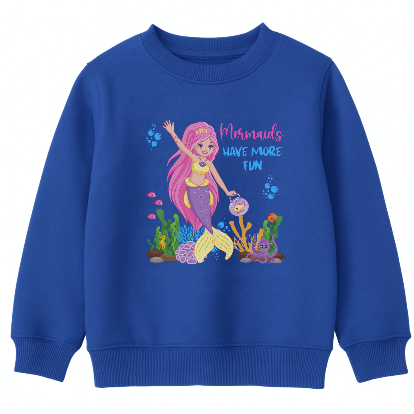 Girls royal blue sweatshirt with “Mermaids Have More Fun” text and colourful mermaid, ocean creatures, and coral reef print on the front.
