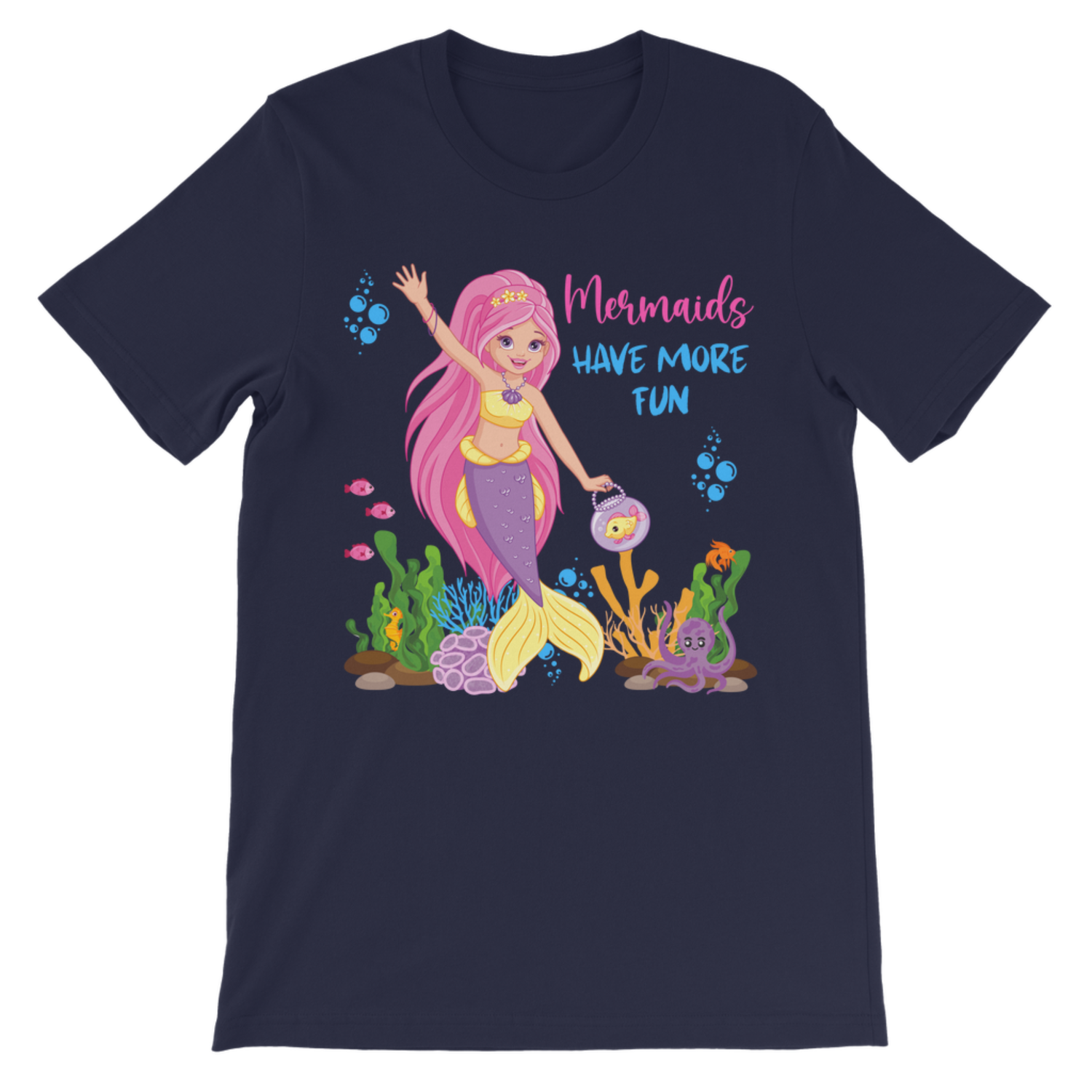 Navy “Mermaids Have More Fun” kids t-shirt flat lay with white shorts, pink flip flops and summer accessories, boutique children’s outfit