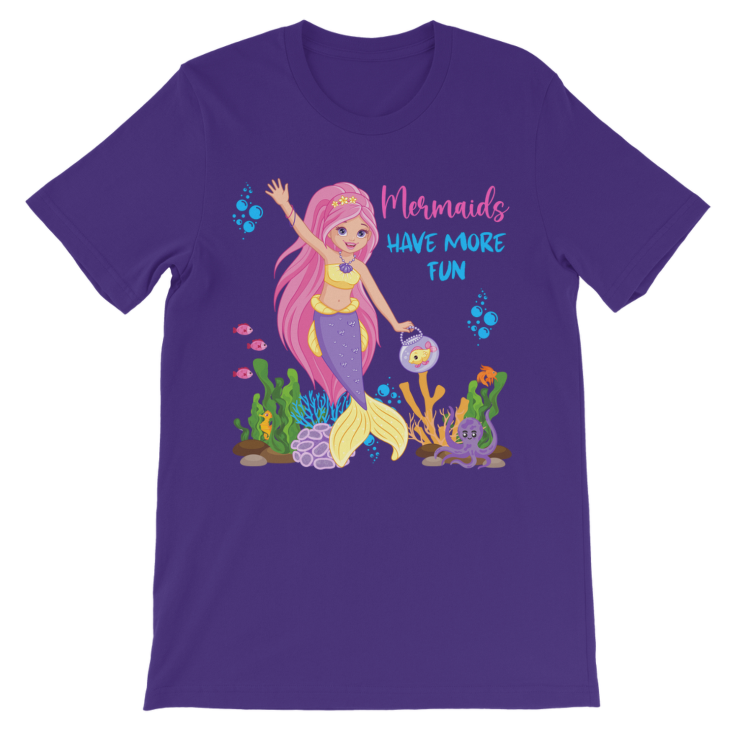 Purple kids mermaid t-shirt flat lay featuring “Mermaids Have More Fun” design, cute girls ocean themed graphic tee