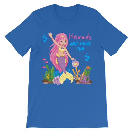 Royal blue “Mermaids Have More Fun” children’s t-shirt flat lay, colourful mermaid graphic summer kids top