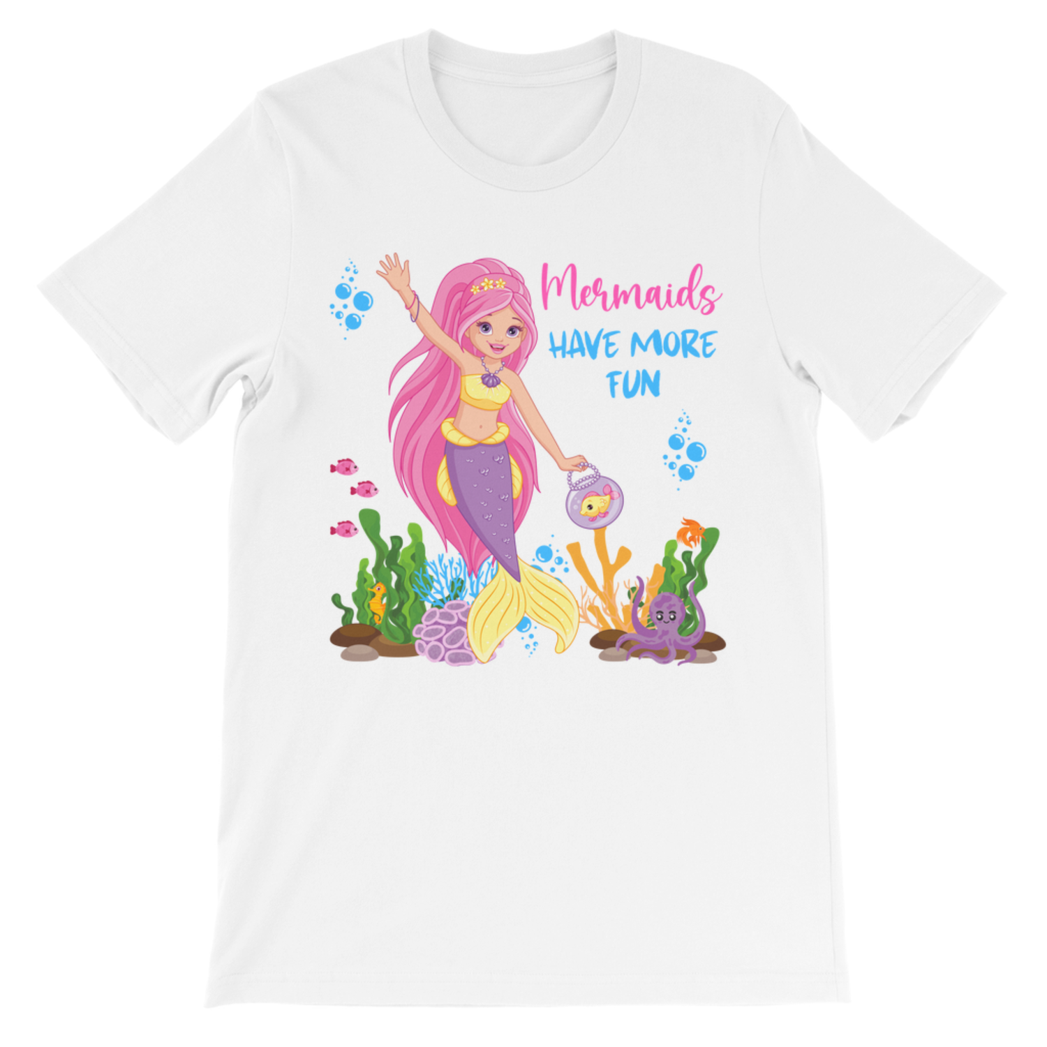 Kids mermaid graphic t-shirt in white flat lay with “Mermaids Have More Fun” design, cute summer ocean theme children’s shirt