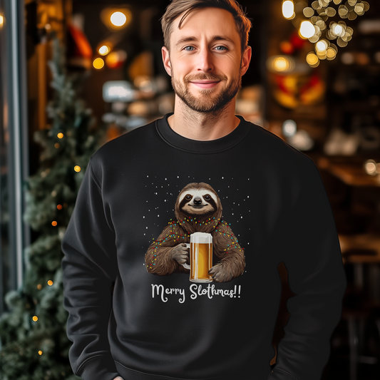 A man wearing a black sweatshirt with a sloth holding a beer bottle, wrapped in fairy lights and merry Christmas text