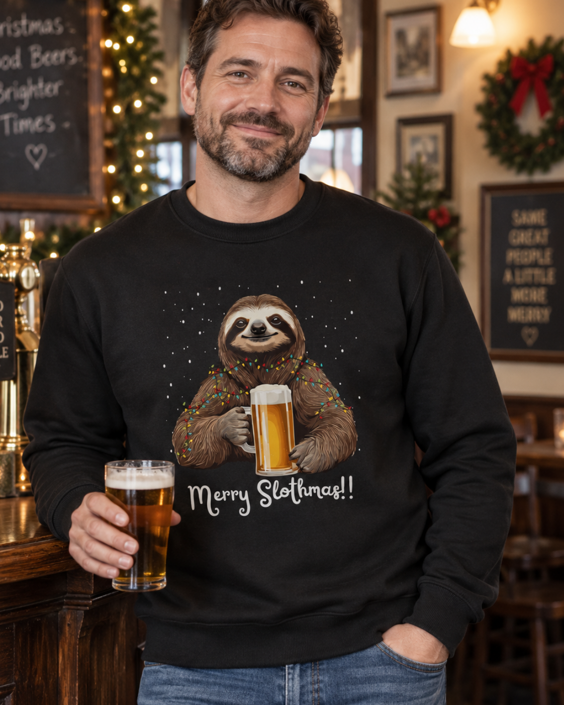 A man in a cozy pub setting wearing a black crewneck sweatshirt with a festive graphic of a sloth holding a pint of beer and the text 'Merry Slothanas!!'.