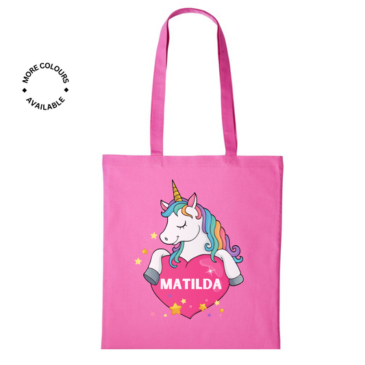 Girls Unicorn Heart Personalised Tote Bag