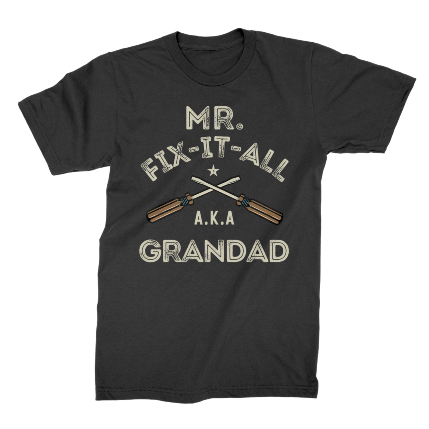Black t-shirt with 'Mr. Fix-It-All A.K.A Grandad' text and tool graphic on a white background