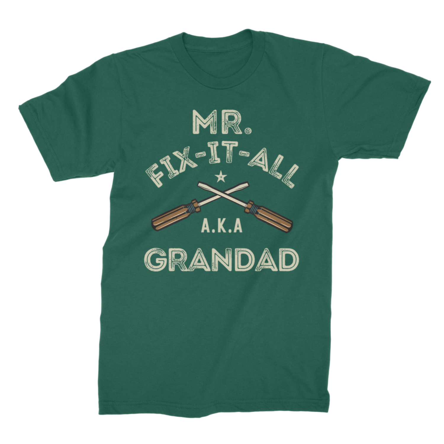 Green t-shirt with 'Mr. Fix-It-All A.K.A Grandad' text and tool graphics on a white background