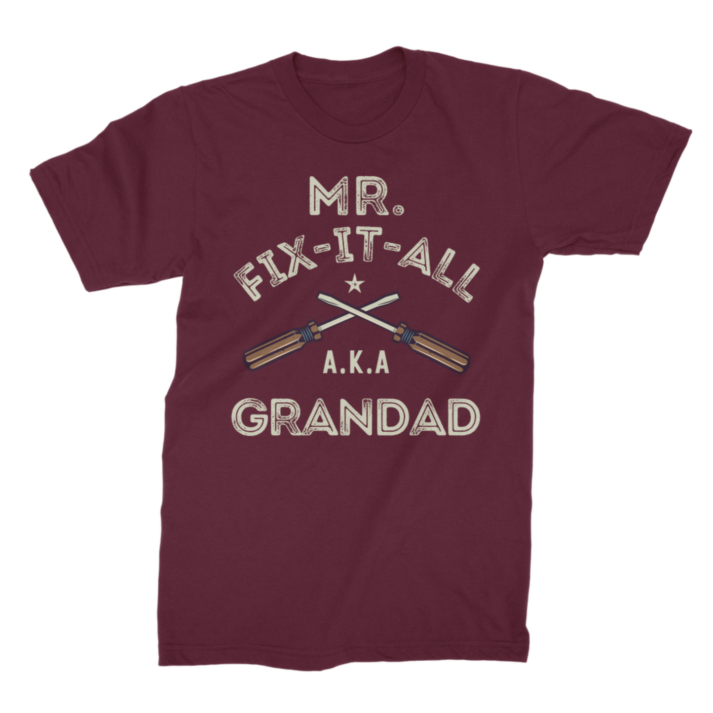 Maroon t-shirt with 'Mr. Fix-It-All A.K.A Grandad' text and graphic on a white background