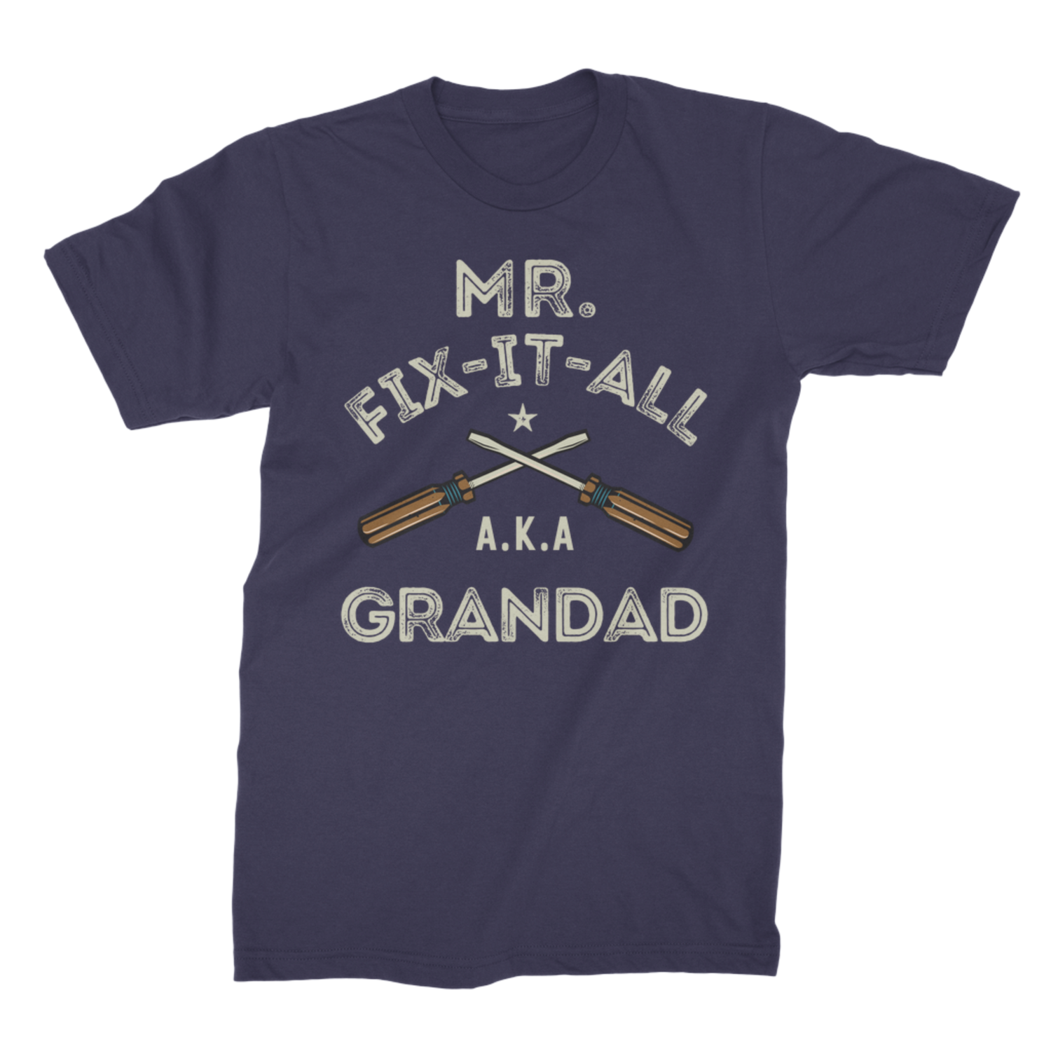 Navy blue t-shirt with 'Mr. Fix-It-All A.K.A Grandad' text and tools graphic on a white background