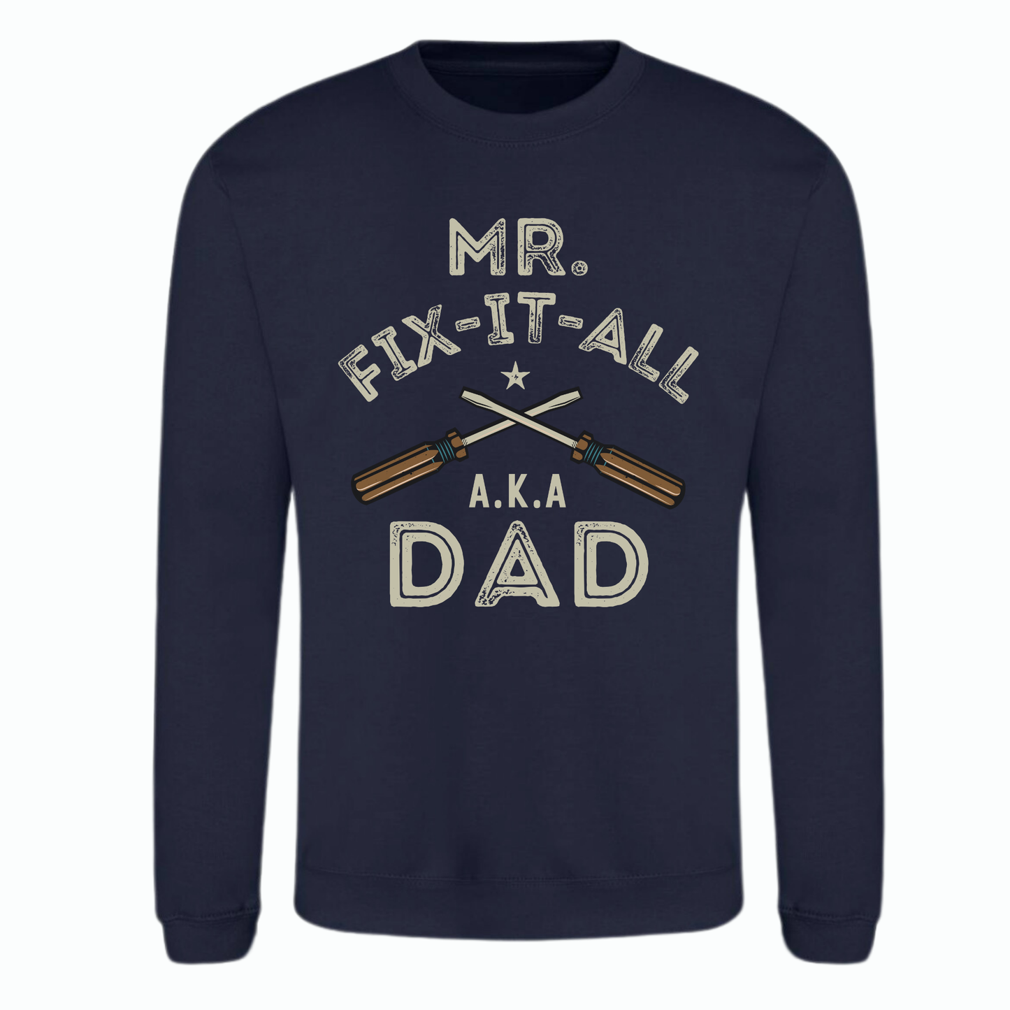 Navy blue sweatshirt with 'Mr. Fix-It-All A.K.A Dad' text and tool graphics on a white background