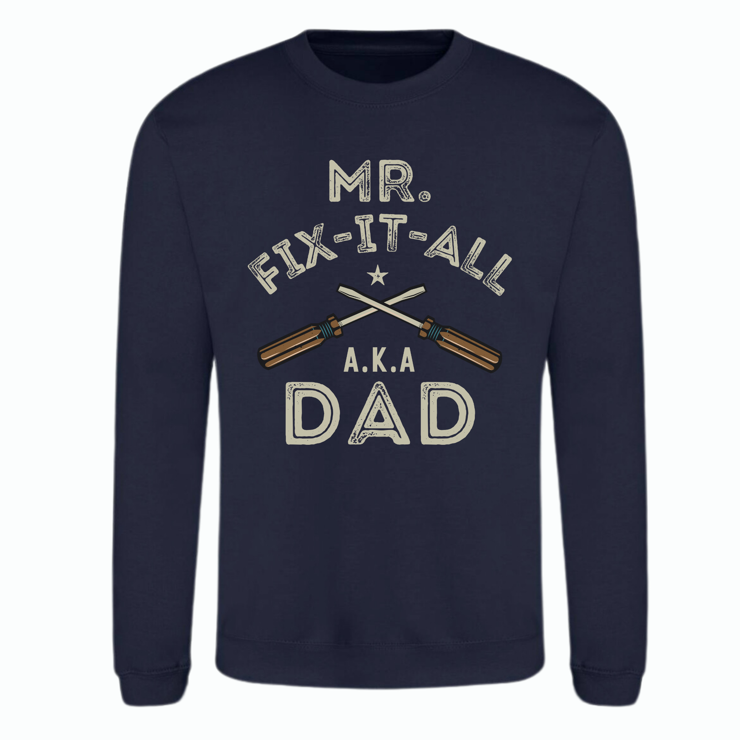 Navy blue sweatshirt with 'Mr. Fix-It-All A.K.A Dad' text and tool graphics on a white background