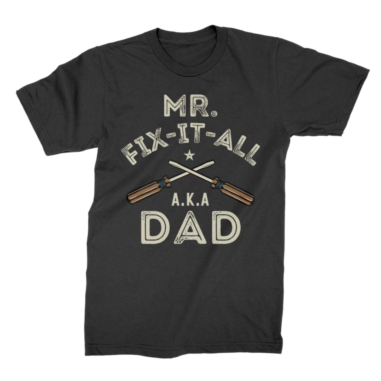 Black “Mr. Fix-It A.K.A Dad” t-shirt showing crossed screwdrivers vintage workshop print.