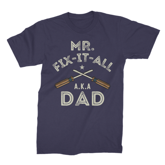 Navy “Mr. Fix-It A.K.A Dad” graphic t-shirt with crossed screwdrivers and distressed-style lettering.