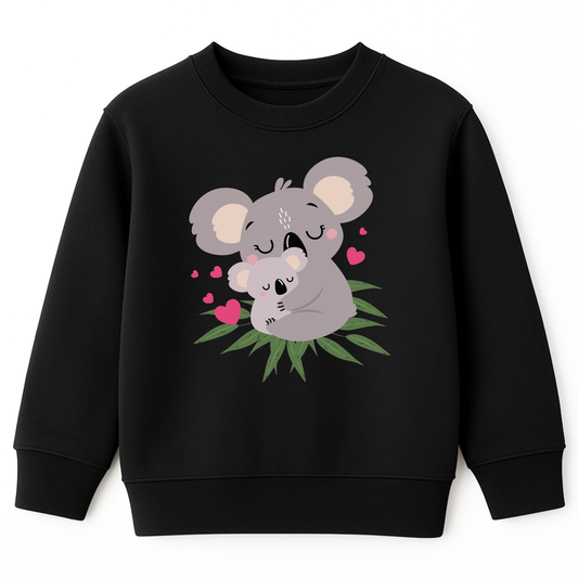 Girls black sweatshirt featuring a cute mother and baby koala cuddling among green eucalyptus leaves, with pink hearts surrounding them.