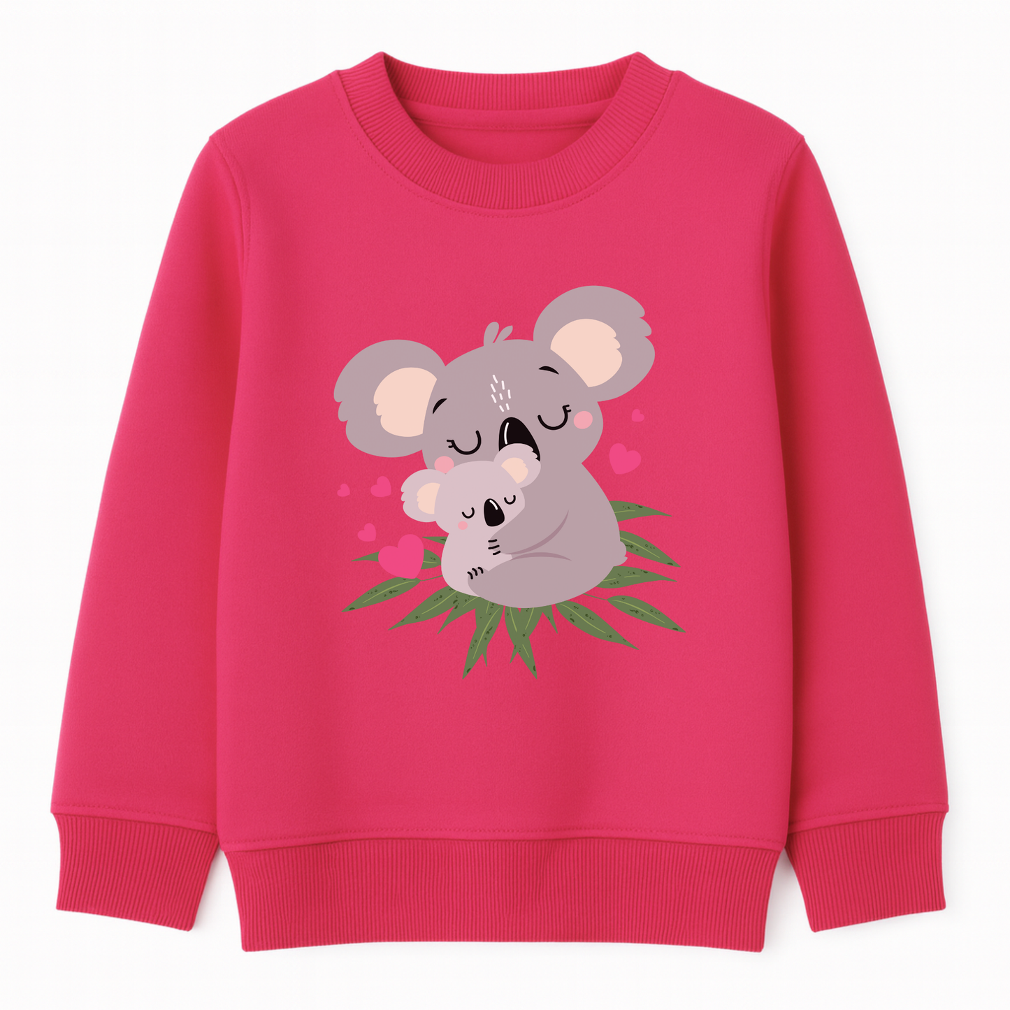 Girls hot pink sweatshirt featuring a cute mother and baby koala cuddling among green eucalyptus leaves, with pink hearts surrounding them.