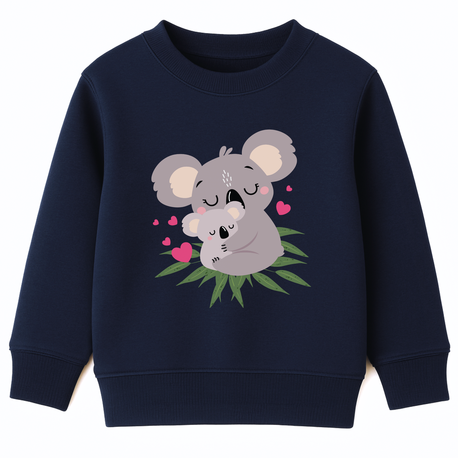Girls navy sweatshirt featuring a cute mother and baby koala cuddling among green eucalyptus leaves, with pink hearts surrounding them.
