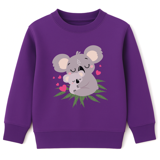 Girls purple jumper featuring a cute mother and baby koala cuddling among green eucalyptus leaves, with pink hearts surrounding them.