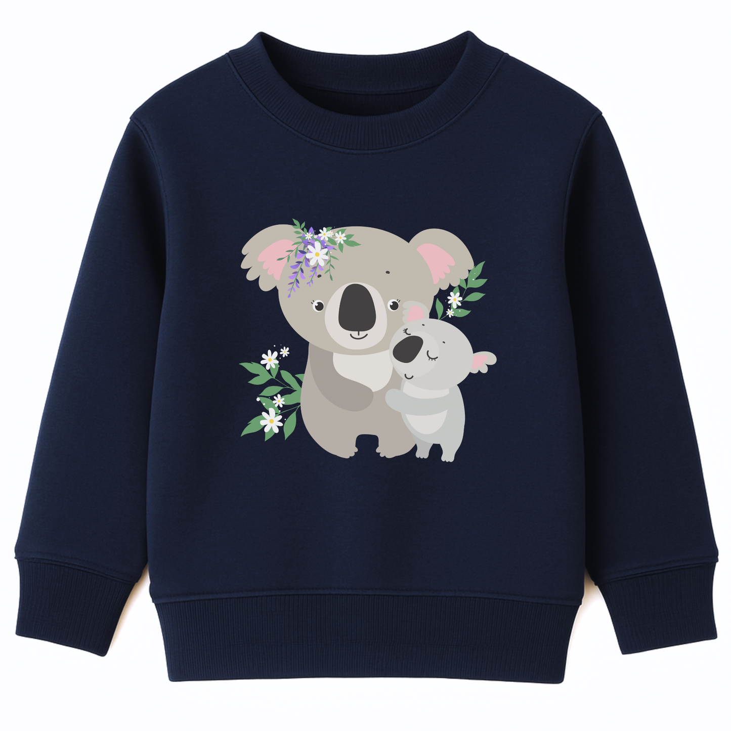 Girls navy sweatshirt featuring a cute mother and baby koala cuddling, surrounded by green leaves and white and purple flowers, printed on the front.