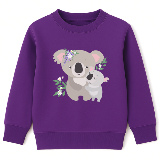 Purple kids sweatshirt featuring a cute mother and baby koala cuddling, surrounded by green leaves and white and purple flowers, printed on the front.