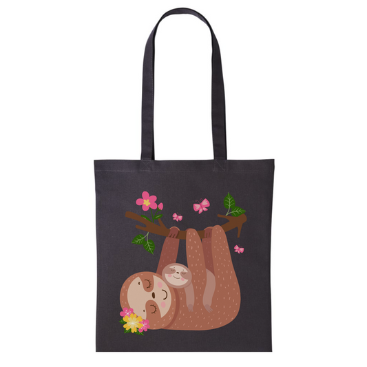 Girls black cotton tote bag featuring a cute mother and baby sloth illustration, hanging from a floral tree branch with butterflies.