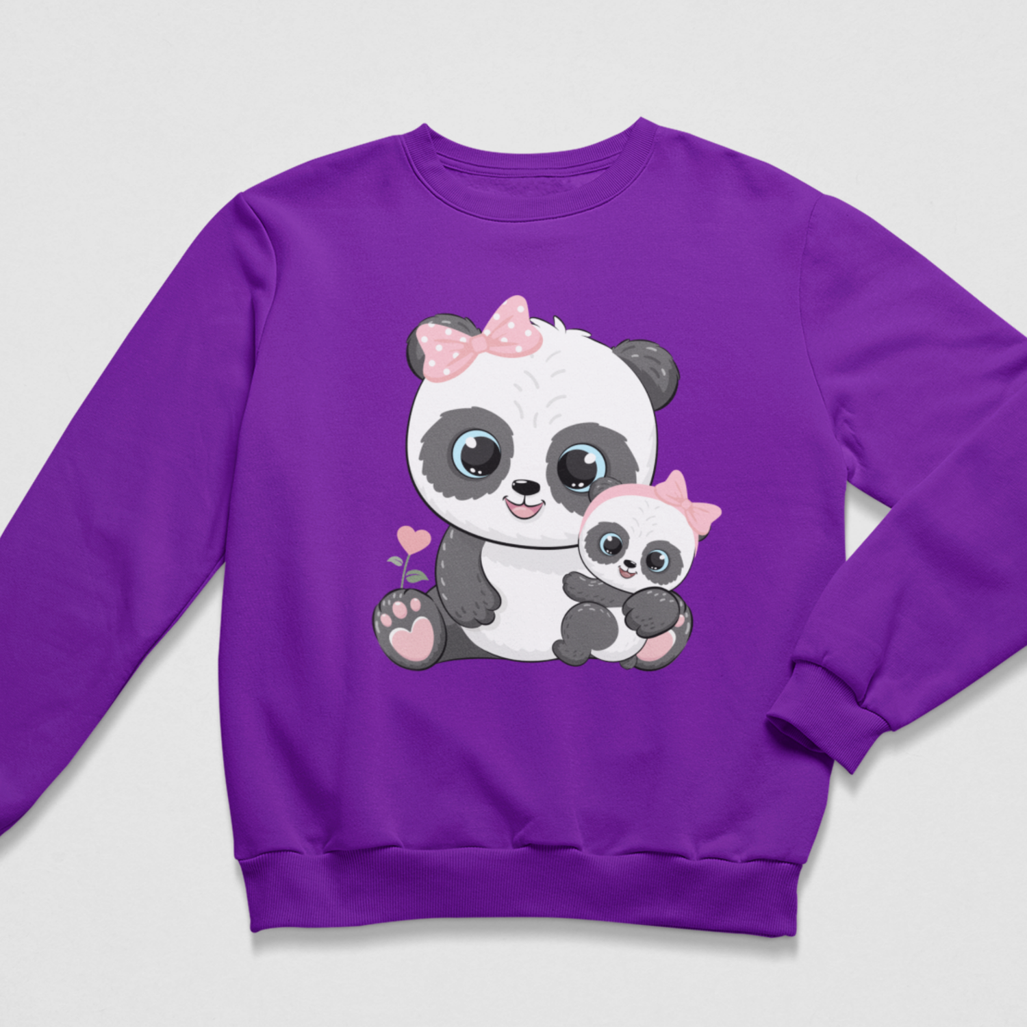 A purple crewneck sweatshirt featuring a cute cartoon graphic of a mother panda and her baby panda holding hearts, displayed on a light gray background.