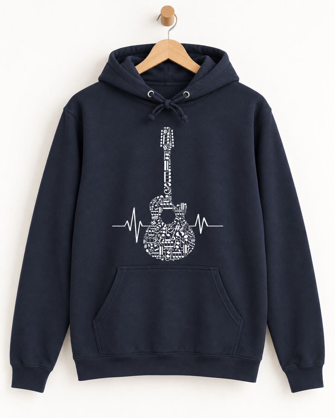 Navy pullover hoodie on a wooden hanger featuring a musical-note guitar and heartbeat design.