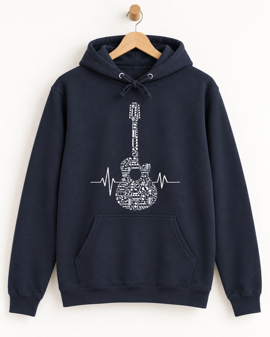 Navy pullover hoodie on a wooden hanger featuring a musical-note guitar and heartbeat design.