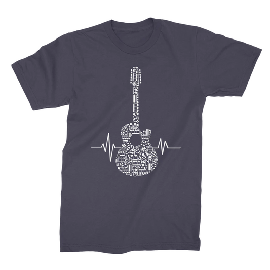 Adults navy t-shirt with a graphic of a guitar made from musical notes and a heartbeat line, playing an acoustic guitar.
