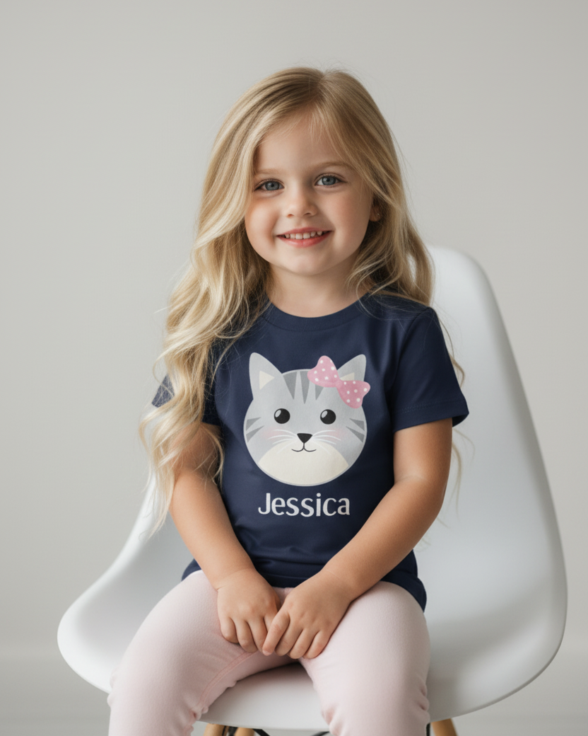 Toddler girl wearing personalised navy cat t-shirt with name Jessica, soft studio background, boutique kids fashion