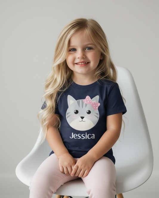Toddler girl wearing personalised navy cat t-shirt with name Jessica, soft studio background, boutique kids fashion