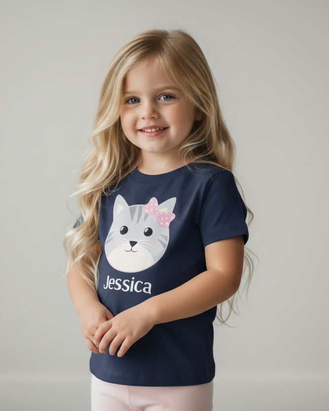 Close up of personalised navy cat face t-shirt for girls with name Jessica, soft neutral studio background
