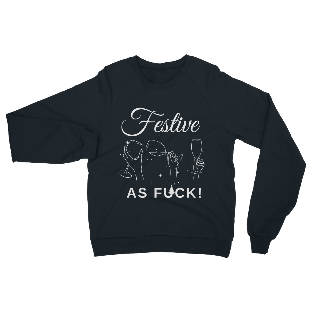 Ladies navy Christmas sweatshirt with “Festive As F*ck” slogan and minimal wine glass illustration, holding a glass of white wine