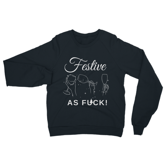 Ladies navy Christmas sweatshirt with “Festive As F*ck” slogan and minimal wine glass illustration, holding a glass of white wine