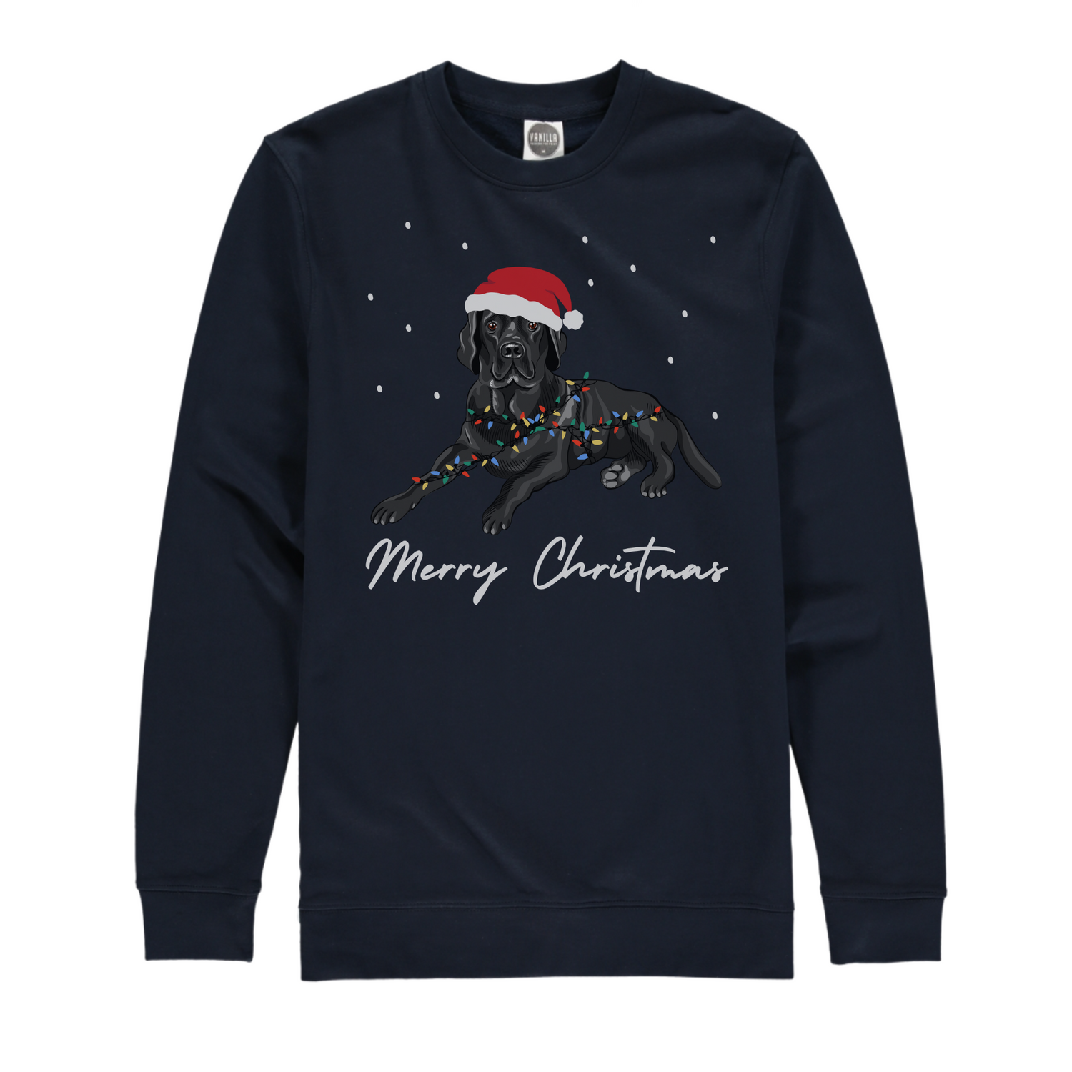 A navy festive sweatshirt with an image of a Labrador wearing a Santa hat and wrapped in festive lights, standing next to a black Labrador. The sweatshirt has the text 'Merry Christmas'.