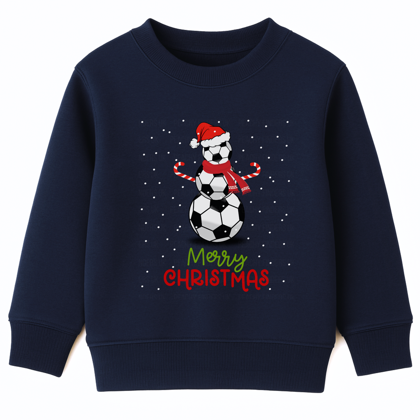 Kids navy Christmas sweatshirt featuring a festive snowman made of stacked footballs wearing a red Santa hat and scarf, candy cane arms, with falling snow and the text “Merry Christmas” in red and green beneath.