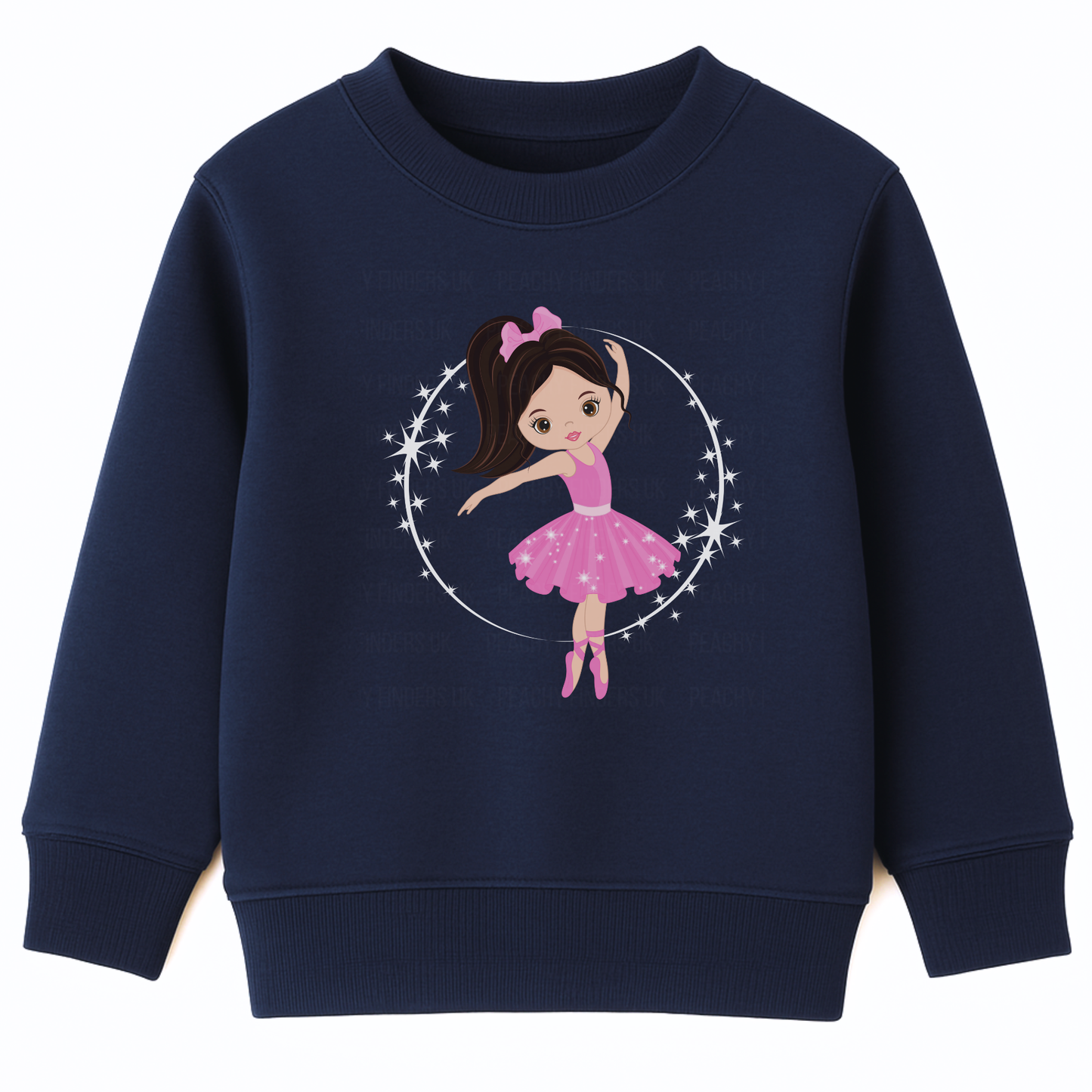 Girls navy sweatshirt featuring a cute cartoon ballerina in a pink tutu and bow, dancing inside a circle of stars. 