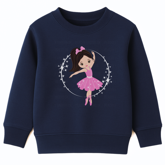 Girls navy sweatshirt featuring a cute cartoon ballerina in a pink tutu and bow, dancing inside a circle of stars. 