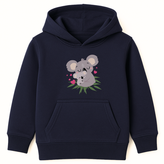 Girls navy blue hoodie with a koala design on a white background