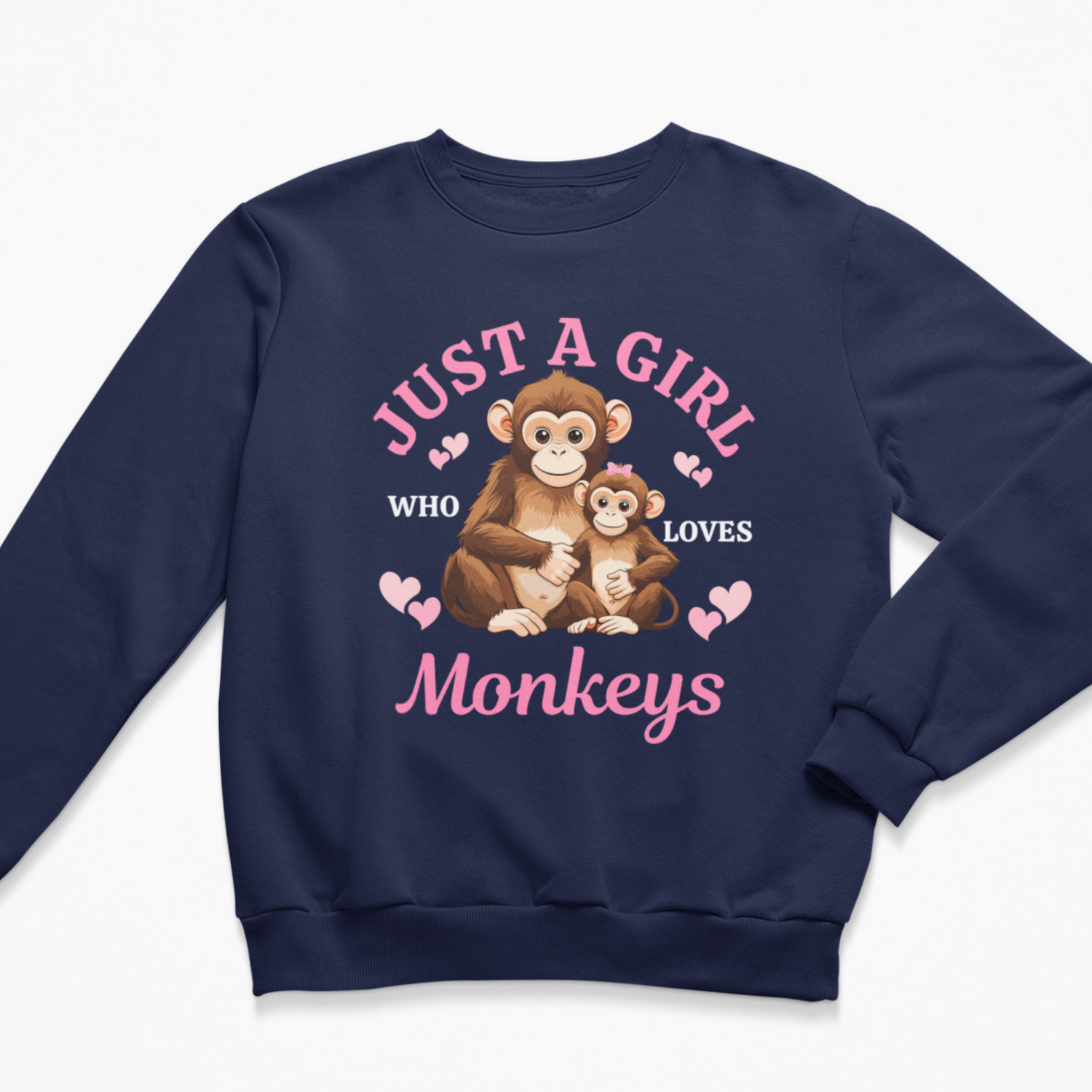 Girls navy sweatshirt with 'Just a girls who loves monkeys' printed mum and baby monkeys with pink hearts 