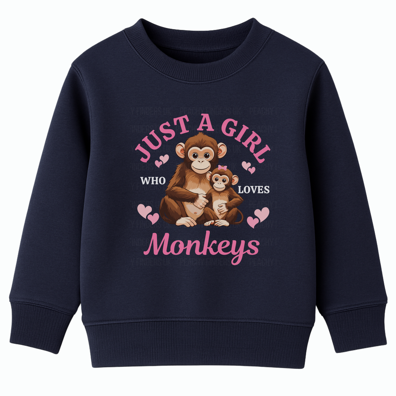 Girls navy sweatshirt with 'Just a girls who loves monkeys' printed mum and baby monkeys with pink hearts graphic.