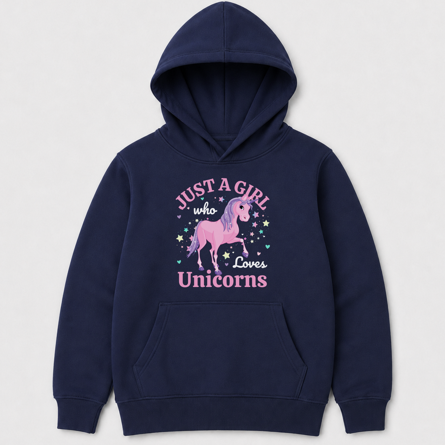 Navy girls’ “Just a Girl Who Loves Unicorns” hoodie with a pink unicorn and colourful stars on a wooden hanger.