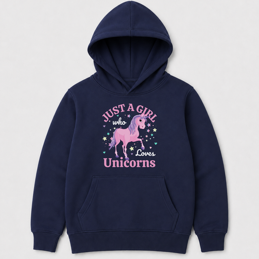 Navy girls’ “Just a Girl Who Loves Unicorns” hoodie with a pink unicorn and colourful stars on a wooden hanger.